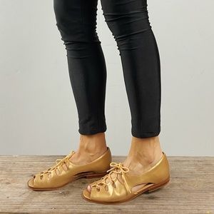 SOLD—Vintage gold leather lace-up sandals